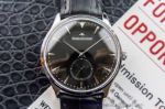 Perfect Replica Jaeger LeCoultre Black Face Smooth Bezel Black Leather Strap 41mm Watch